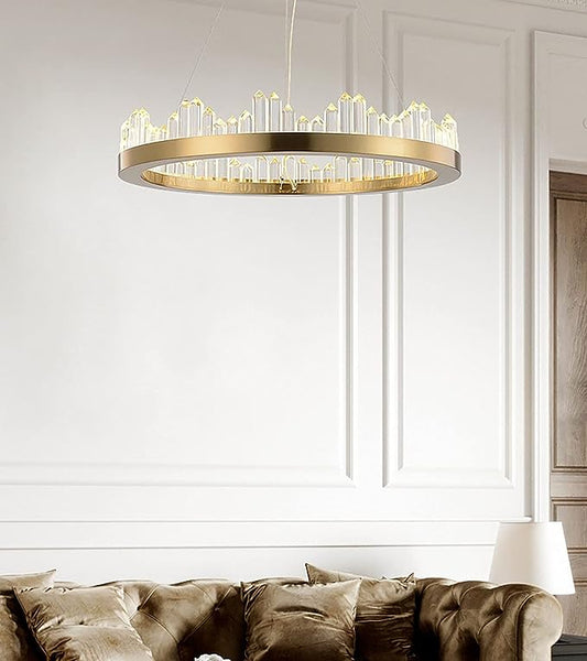 Mid Century Modern Round Crystal Chandelier D24 Gold Ring Chandelier Light Fixture Adjustable LED Hanging Ceiling Lights, Brass Gold